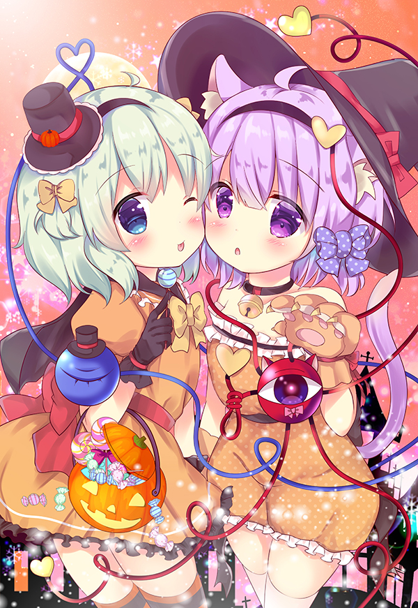 2girls ;p bangs bare_shoulders bell bell_choker black_choker black_gloves black_hat blue_eyes blush bow breasts candy candy_wrapper cheek-to-cheek choker closed_mouth collarbone commentary_request dress eyebrows_visible_through_hair food gloves green_hair hair_between_eyes halloween_basket hand_up hat heart holding holding_food holding_lollipop jingle_bell komeiji_koishi komeiji_satori lollipop mini_hat mini_top_hat multiple_girls one_eye_closed orange_bow orange_dress parted_lips paw_gloves paws purple_hair red_bow rikatan short_hair siblings sisters small_breasts smile strapless strapless_dress striped striped_legwear swirl_lollipop thigh-highs third_eye tongue tongue_out top_hat touhou violet_eyes witch_hat