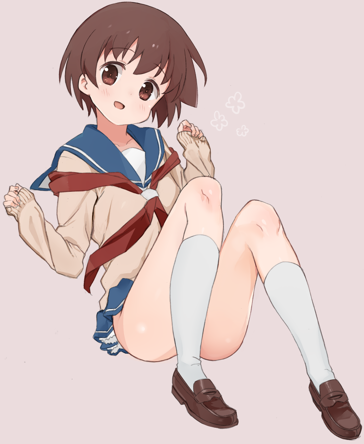 1girl arms_up blouse blue_sailor_collar blue_skirt blush brown_eyes brown_footwear brown_hair commentary_request full_body head_tilt kneehighs loafers long_sleeves looking_at_viewer loose_neckwear miniskirt miyanaga_saki neckerchief no_panties open_mouth pink_background red_neckwear sailor_collar saki school_uniform serafuku shisoneri shoes short_hair simple_background skirt smile solo tan_shirt white_legwear