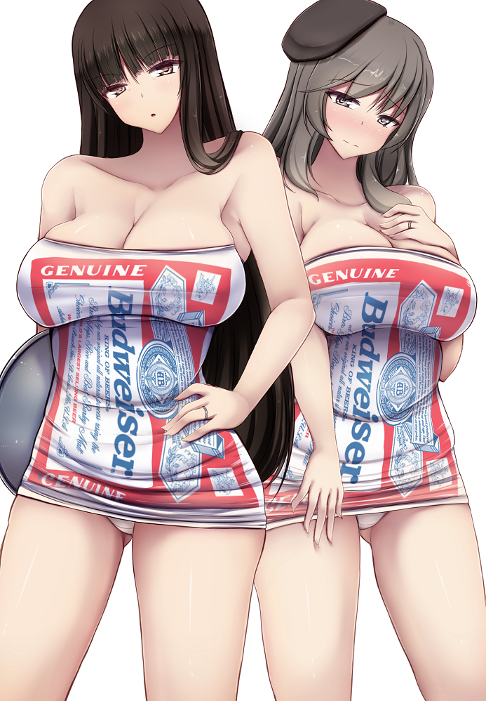 2girls :o bare_shoulders beret black_hair black_hat blush blush_stickers breasts brown_eyes brown_hair budweiser cleavage commentary cowboy_shot crotch_seam dress english eyebrows_visible_through_hair frown girls_und_panzer gluteal_fold half-closed_eyes hand_on_hip hand_on_own_chest hat head_tilt holding holding_tray jewelry large_breasts logo long_hair looking_at_viewer mature microdress multiple_girls nishizumi_shiho panties pantyshot pantyshot_(standing) ring shimada_chiyo simple_background standing strapless strapless_dress tray tube_dress underwear wedding_band white_background white_panties yuzumiya_mono