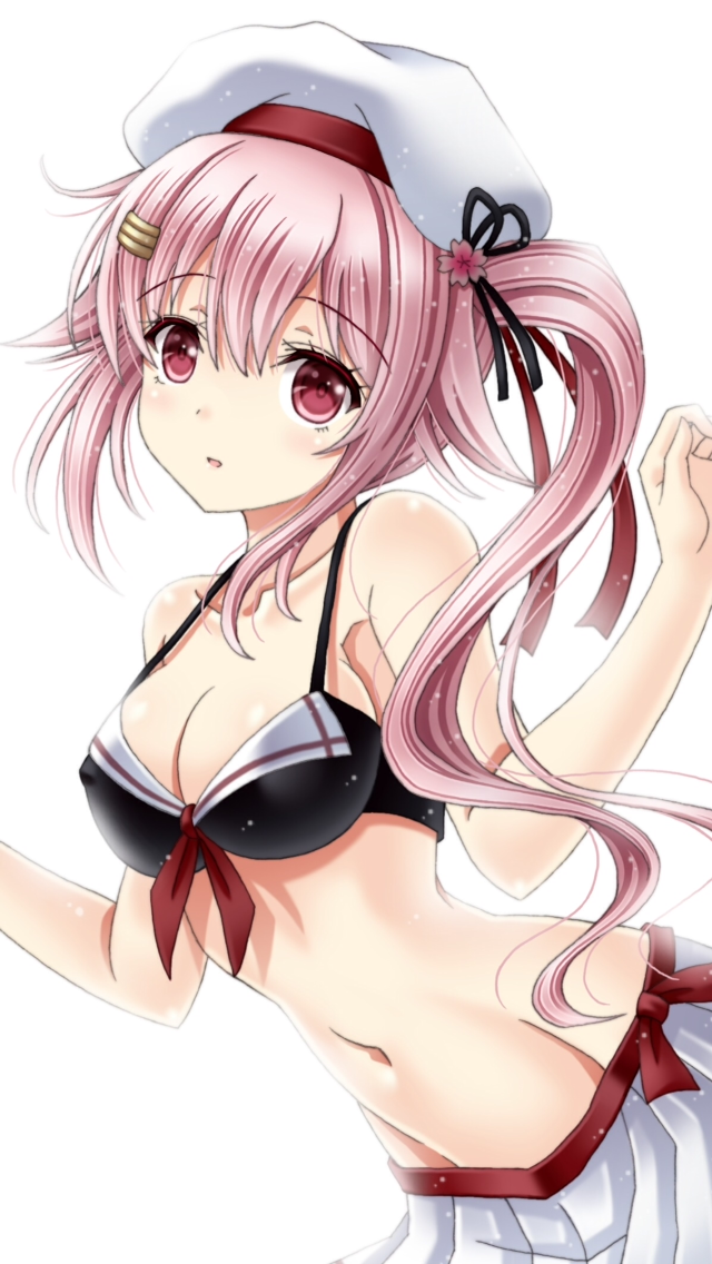 1girl amou_yuu bare_shoulders beret bikini_top breasts cleavage commentary_request eyebrows_visible_through_hair hair_between_eyes hair_flaps hair_ornament hair_ribbon hairclip harusame_(kantai_collection) hat head_tilt kantai_collection looking_at_viewer medium_breasts navel red_eyes ribbon shiny shiny_hair side_ponytail sidelocks simple_background skirt solo swimsuit white_background