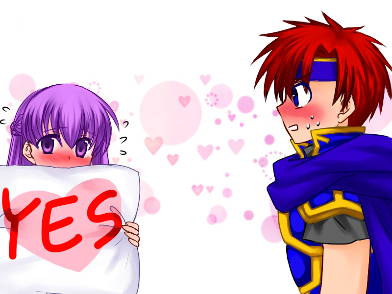 1boy 1girl 74 armor blue_eyes blush braid cape commentary_request fire_emblem fire_emblem:_fuuin_no_tsurugi fire_emblem:_the_binding_blade fire_emblem_sword_of_seals french_braid full-face_blush headband heart holding holding_pillow intelligent_systems long_hair nintendo pillow purple_hair redhead roy_(fire_emblem) sofiya sweatdrop violet_eyes yes-no_pillow
