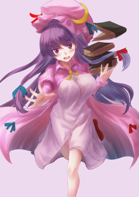 1girl aori_akabane arm_up blush book book_stack bouncing_breasts breasts cowboy_shot crescent crescent_hair_ornament double_bun eyebrows_visible_through_hair folded_leg foot_out_of_frame grey_background hair_ornament hair_ribbon hat lavender_dress leg_lift long_hair looking_at_viewer medium_breasts mob_cap open_mouth patchouli_knowledge pink_robe purple_hair reaching_out red_eyes red_footwear ribbon robe running simple_background solo touhou tress_ribbon very_long_hair
