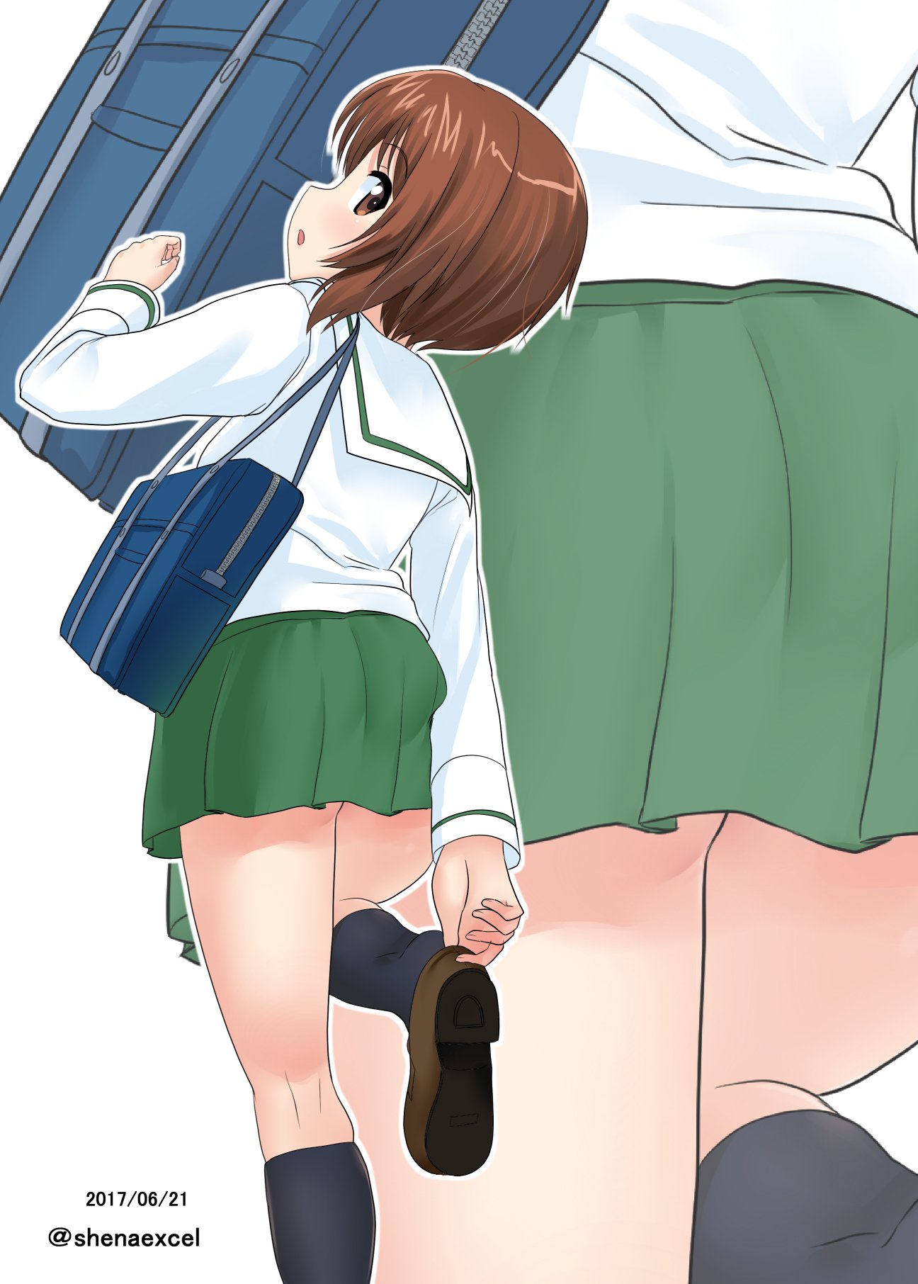 1girl :o adjusting_clothes adjusting_shoe bag bangs black_legwear blouse brown_eyes brown_footwear brown_hair carrying commentary dated excel_(shena) eyebrows_visible_through_hair from_behind girls_und_panzer green_skirt highres kneepits legs loafers looking_at_viewer looking_back miniskirt nishizumi_miho ooarai_school_uniform open_mouth pleated_skirt school_bag school_uniform serafuku shoes short_hair simple_background skirt socks solo standing twitter_username white_background white_blouse zoom_layer