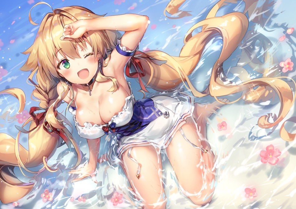 1girl absurdly_long_hair ahoge arm_garter arm_support arm_up armpits azur_lane bangs bare_legs blonde_hair blush bow braid breasts cleavage cross cross-laced_clothes cross_choker cross_earrings day earrings eyebrows_visible_through_hair flower frills from_above garter_straps green_eyes hair_intakes horizontal_stripes jewelry large_breasts le_temeraire_(azur_lane) long_hair looking_at_viewer one_eye_closed open_mouth outdoors partially_submerged petals petals_on_liquid red_ribbon ribbon riichu sidelocks sitting skirt solo strapless striped thighs tubetop underbust very_long_hair wariza wet