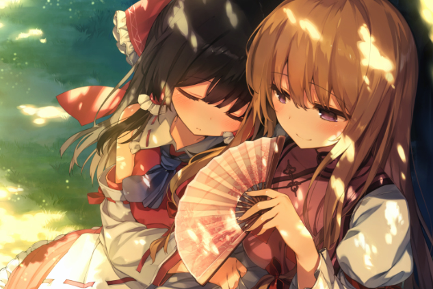 2girls ascot bangs bare_shoulders black_hair blonde_hair blue_neckwear blush bow breasts closed_eyes commentary_request detached_sleeves eyebrows_visible_through_hair fan folding_fan frilled_bow frilled_shirt_collar frills from_above grass hair_between_eyes hair_bow hair_tubes hakurei_reimu head_tilt holding holding_fan juliet_sleeves large_breasts long_hair long_sleeves looking_at_viewer md5_mismatch multiple_girls no_hat no_headwear petticoat puffy_sleeves red_bow red_ribbon red_skirt revision ribbon ribbon-trimmed_collar ribbon-trimmed_sleeves ribbon_trim shade shadow shinoba sitting skirt skirt_set sleeping sleeping_on_person smile tabard touhou violet_eyes wide_sleeves yakumo_yukari yuri