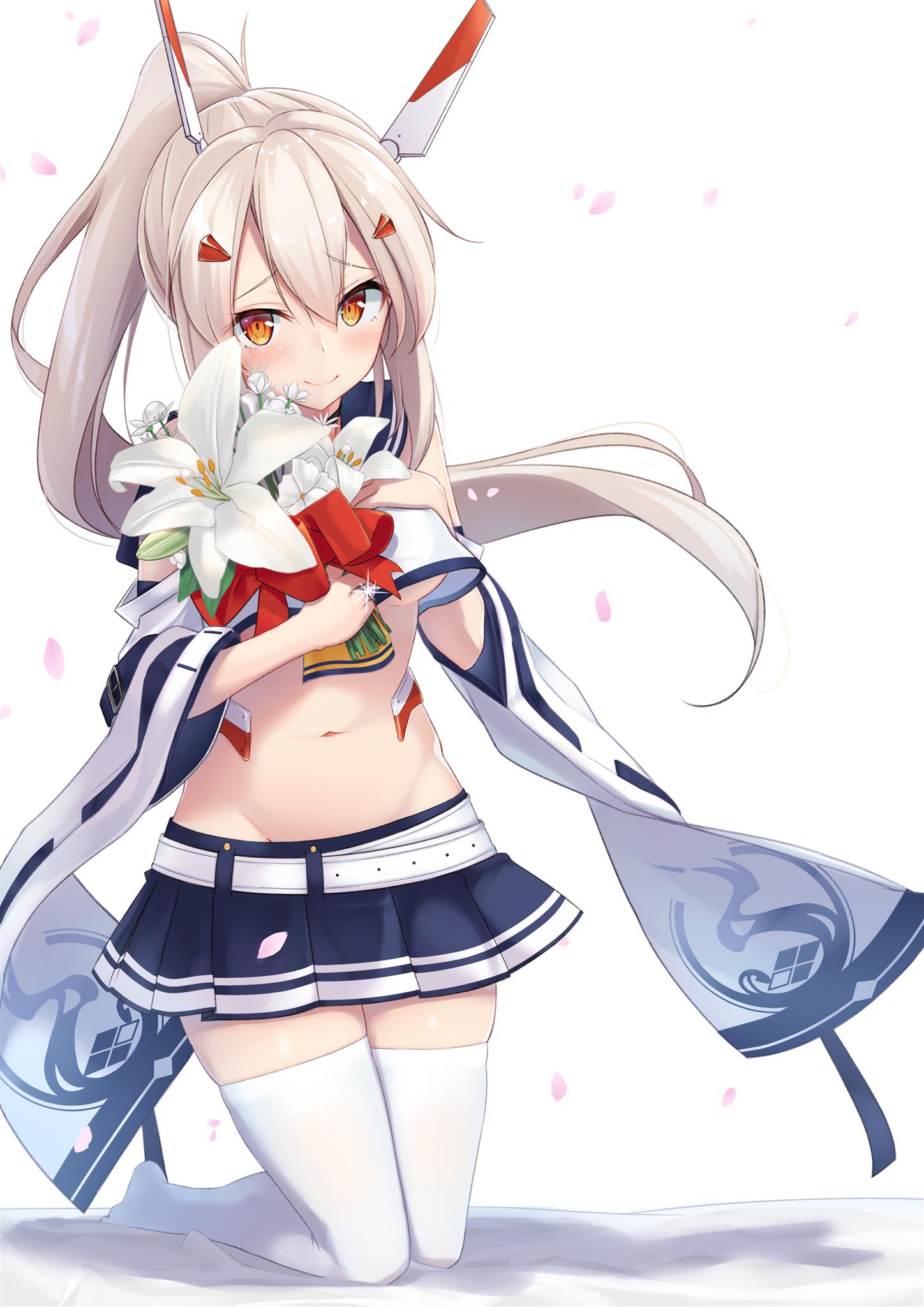 1girl ayanami_(azur_lane) azur_lane bangs bare_shoulders belt blue_sailor_collar blue_skirt blush bouquet breasts crop_top crop_top_overhang detached_sleeves eyebrows_visible_through_hair floating_hair flower groin hair_between_eyes hair_ornament head_on_chest headgear high_ponytail highres holding holding_bouquet jewelry kneeling long_hair looking_at_viewer medium_breasts mirea navel no_shoes petals pleated_skirt ponytail red_eyes ring sailor_collar school_uniform serafuku shirt sidelocks silver_hair skirt solo tearing_up thigh-highs wedding_ring white_legwear white_shirt wide_sleeves wind