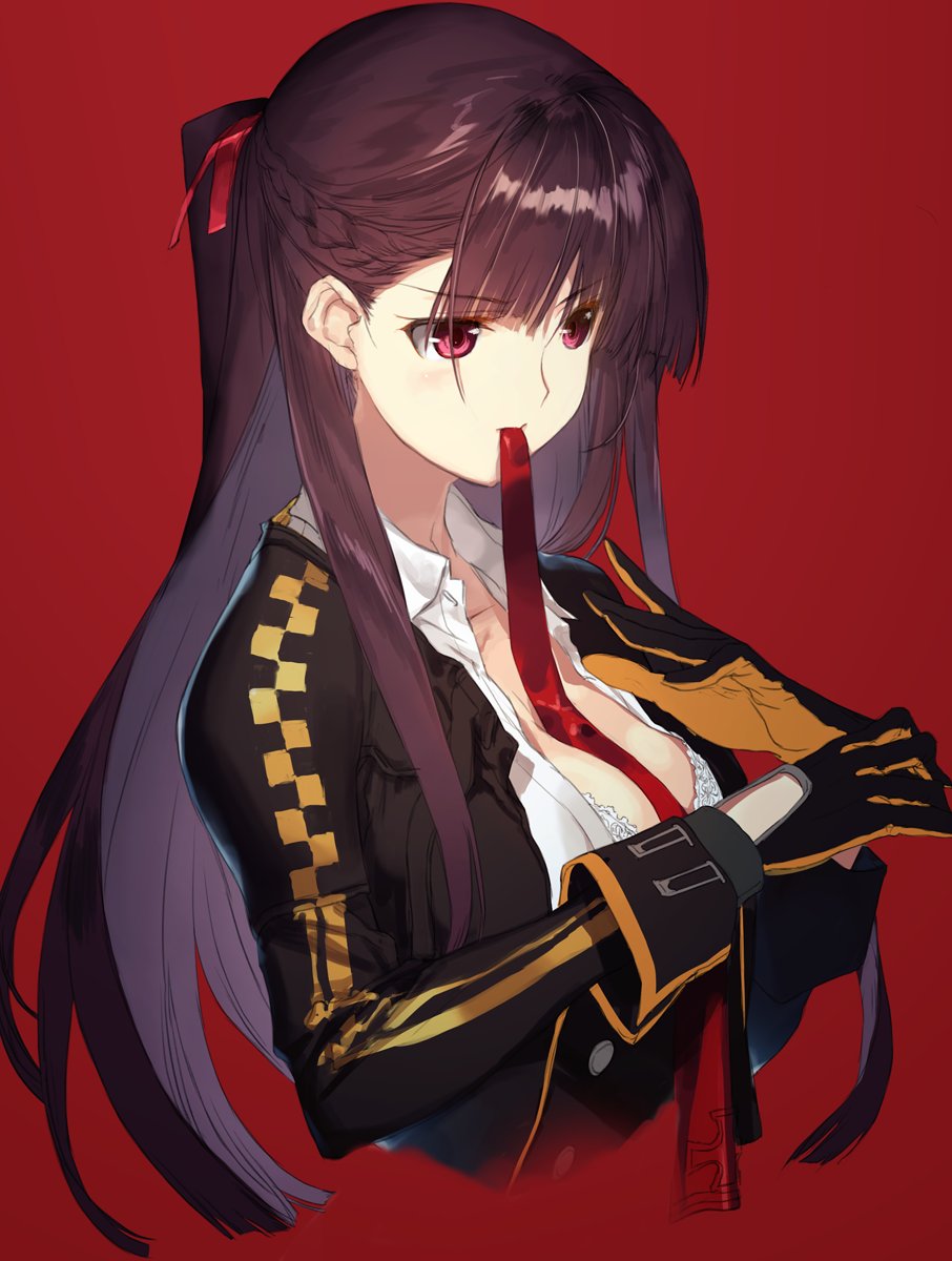 1girl adjusting_clothes adjusting_gloves bangs black_skirt blazer blush bra breasts cleavage collarbone collared_shirt cropped_torso double-breasted eyebrows_visible_through_hair girls_frontline gloves hair_ribbon half_updo high-waist_skirt highres jacket large_breasts lingerie long_hair long_sleeves nakamura_takeshi necktie necktie_on_mouth one_side_up open_blazer open_clothes open_jacket partially_unbuttoned purple_hair red_background red_eyes red_neckwear red_ribbon ribbon shirt sidelocks simple_background skirt solo underwear very_long_hair wa2000_(girls_frontline) white_bra white_shirt