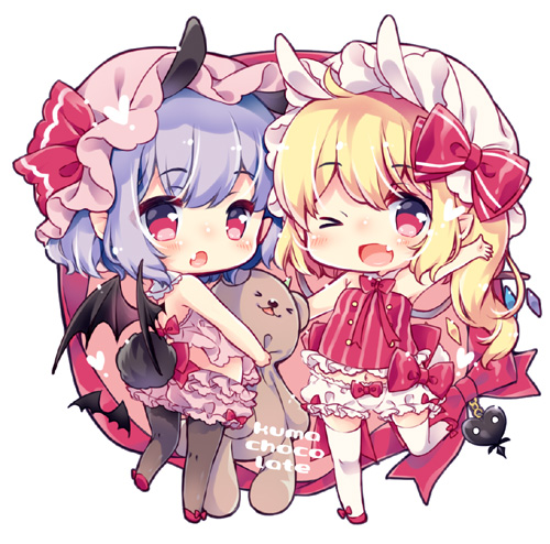 2girls :o ;d ahoge animal_ears aogiri_sei arm_up bare_arms bare_shoulders bat_wings black_legwear blonde_hair bloomers blush bow bunny_girl bunny_tail chibi commentary_request extra_ears eyebrows_visible_through_hair fang flandre_scarlet full_body hat hat_ribbon heart holding kemonomimi_mode looking_at_viewer looking_back lowres mob_cap multiple_girls one_eye_closed open_mouth pantyhose pointy_ears purple_hair rabbit_ears red_bow red_eyes red_ribbon remilia_scarlet ribbon short_hair siblings side_ponytail simple_background sisters smile standing standing_on_one_leg stuffed_animal stuffed_toy tail teddy_bear thigh-highs touhou underwear waving white_background white_legwear wings