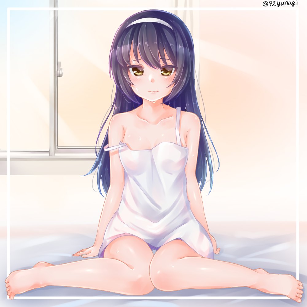 1girl arm_support backlighting bangs barefoot bed_sheet black_hair border breasts brown_eyes closed_mouth collarbone commentary dress feet frown full_body girls_und_panzer hairband indoors light_frown long_hair looking_at_viewer on_bed reizei_mako short_dress sitting small_breasts solo strap_slip sweat twitter_username white_border white_dress white_hairband window yunagi_(arukumaruta)