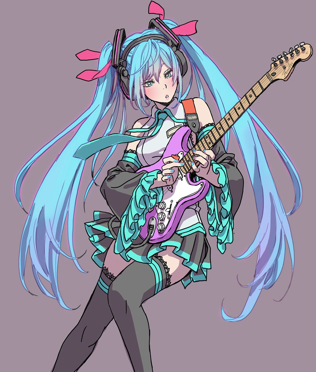 1girl :o aqua_eyes aqua_hair aqua_neckwear bangs black_skirt blouse blue_nails carrying collared_blouse detached_sleeves electric_guitar facing_viewer grey_background grey_blouse guitar hair_ornament hair_ribbon hatsune_miku headphones headset highres instrument invisible_chair lace lace-trimmed_thighhighs lips long_hair miniskirt music nail_polish necktie parted_lips playing_instrument pleated_skirt plectrum print_legwear purple_ribbon ribbon simple_background single_horizontal_stripe sitting skirt sleeveless sleeveless_blouse solo thigh-highs twintails very_long_hair vocaloid yamashita_shun'ya