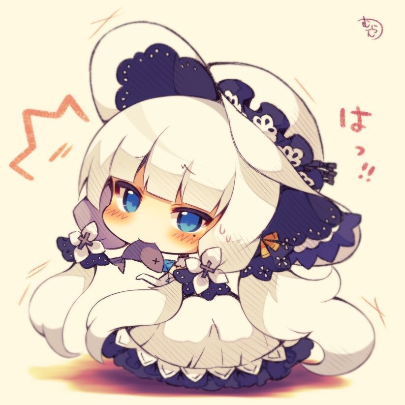 /\/\/\ 1girl aqua_eyes azur_lane bangs big_head blunt_bangs blush chibi commentary_request dress fish_in_mouth flat_chest full_body hat illustrious_(azur_lane) long_hair looking_at_viewer mole mole_under_eye muuran no_nose solo translated very_long_hair white_dress white_hair white_hat x_x