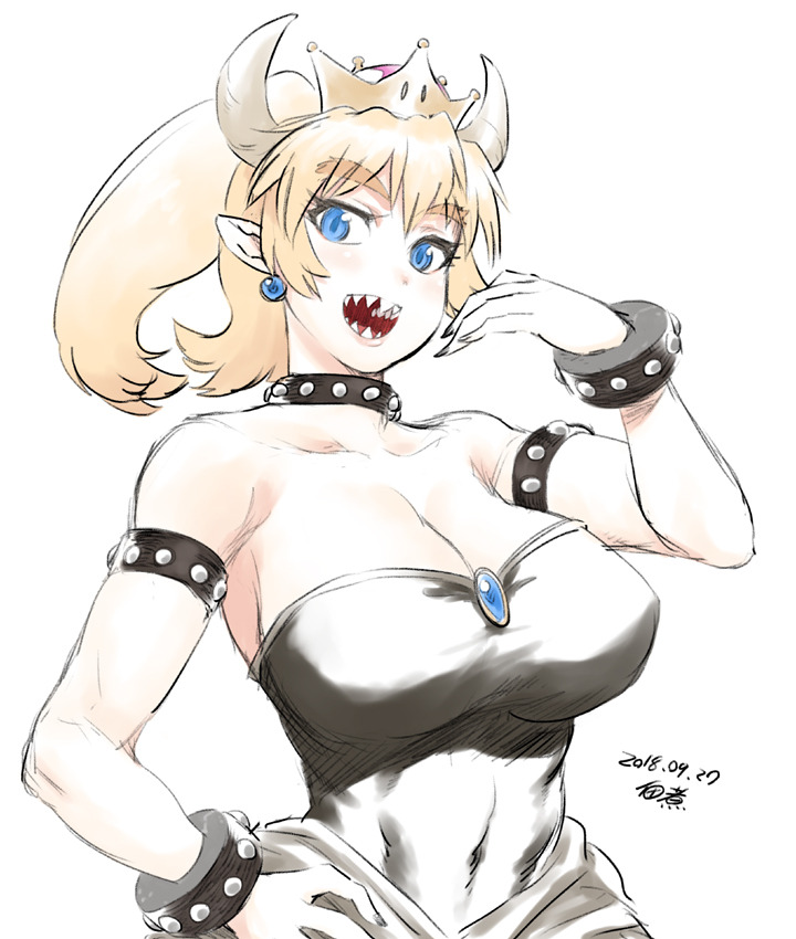 1girl armlet bare_shoulders black_dress black_nails blonde_hair blue_earrings blue_eyes bowsette breasts brooch cleavage collar covered_navel crown dated dress eyebrows_visible_through_hair fingernails hand_on_hip horns jewelry large_breasts lips long_hair looking_at_viewer super_mario_bros. medium_hair nail_polish new_super_mario_bros._u_deluxe nintendo ojou-sama_pose open_mouth pointy_ears ponytail sharp_fingernails sharp_teeth slit_pupils solo strapless strapless_dress studded_armlet studded_bracelet studded_collar super_crown teeth thick_eyebrows tsukudani_(coke-buta)