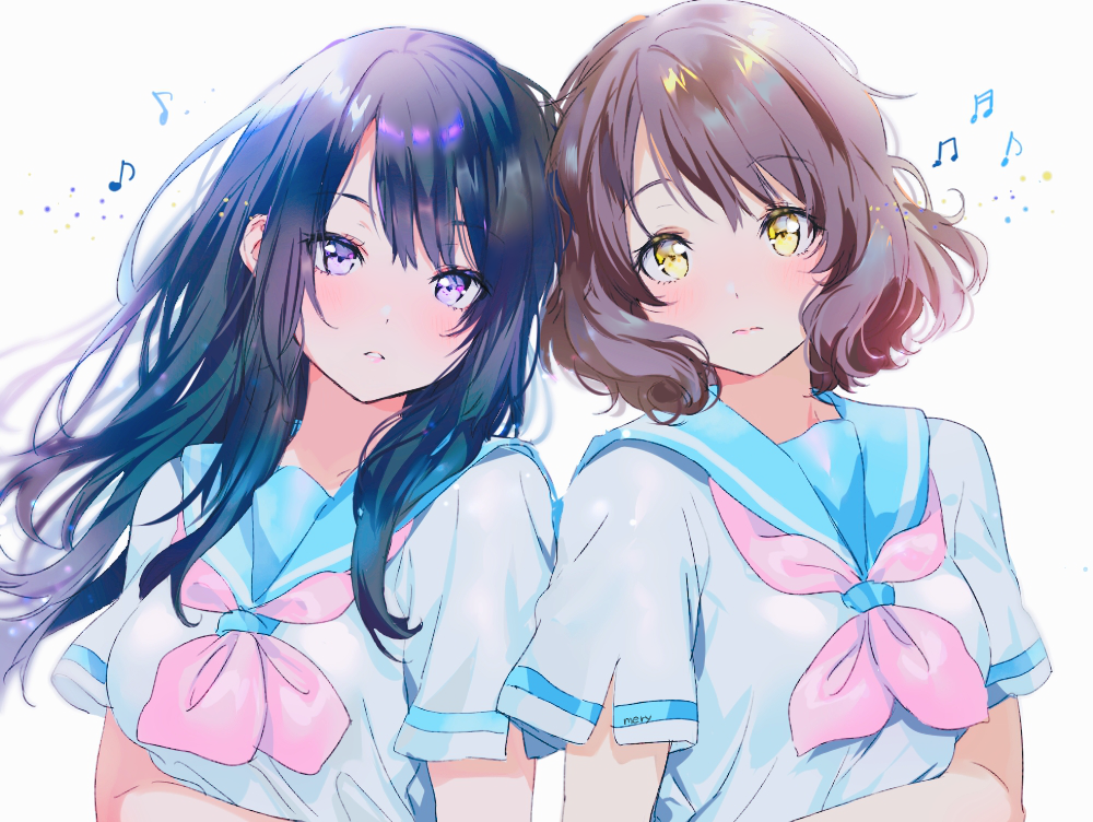 2girls 3: beamed_eighth_notes black_hair blue_sailor_collar blush breasts brown_hair eighth_note hibike!_euphonium kousaka_reina long_hair looking_at_viewer medium_breasts mery_(apfl0515) multiple_girls musical_note oumae_kumiko sailor_collar upper_body violet_eyes yellow_eyes