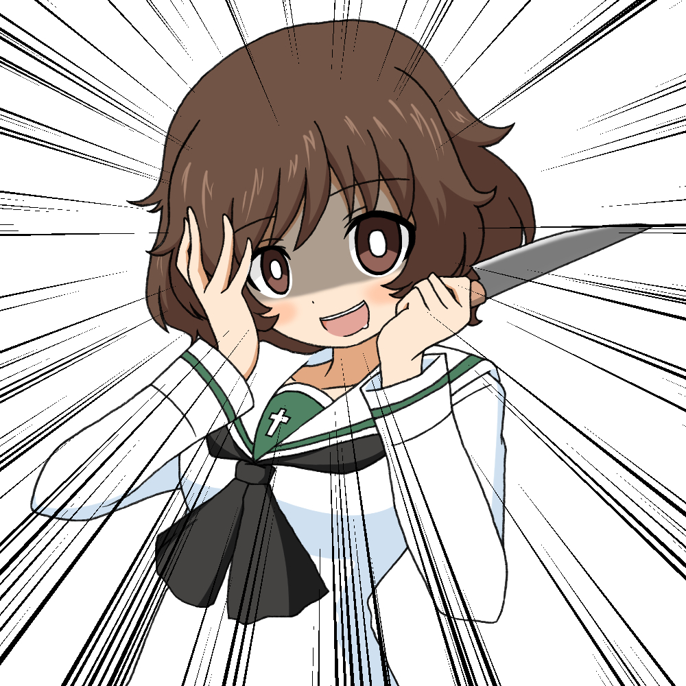 1girl akiyama_yukari bangs black_neckwear blouse brown_eyes brown_hair commentary_request crazy_eyes crazy_smile emphasis_lines girls_und_panzer hands_on_own_face holding holding_knife holding_weapon ichinose_jun knife long_sleeves looking_at_viewer messy_hair neckerchief ooarai_school_uniform open_mouth partial_commentary saliva school_uniform serafuku short_hair smile solo upper_body weapon white_background white_blouse white_pupils yandere