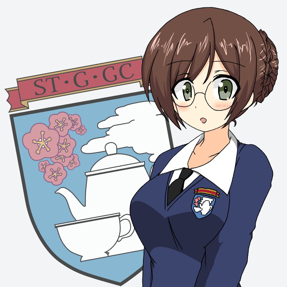 1girl black_neckwear blue_sweater braid brown_eyes brown_hair commentary_request crown_braid dress_shirt emblem eyebrows_visible_through_hair girls_und_panzer glasses ichinose_jun long_sleeves looking_at_viewer necktie nilgiri open_mouth round_eyewear school_uniform shirt short_hair smile solo st._gloriana's_(emblem) st._gloriana's_school_uniform standing sweater upper_body v-neck white_shirt wing_collar