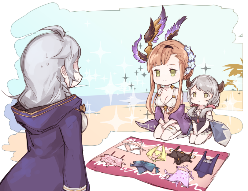 alternate_costume beach bikini brown_hair camieux draph flower granblue_fantasy hair_flower hair_ornament hood hooded_jacket horns jacket low_twintails multiple_girls one-piece_swimsuit saviala school_swimsuit seiza silva_(granblue_fantasy) silver_hair sitting song_(granblue_fantasy) sparkle sweatdrop swimsuit twintails