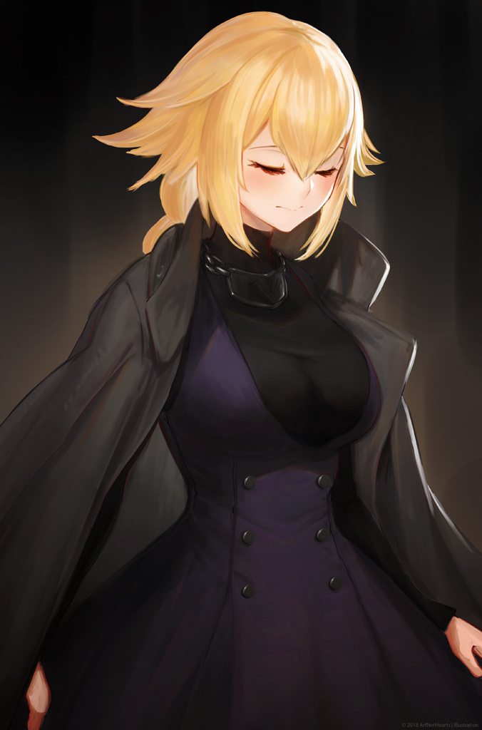 1girl 2018 black_background blonde_hair blush braid breasts buttons chains closed_eyes edward_montenegro fate_(series) jeanne_d'arc_(fate) jeanne_d'arc_(fate)_(all) large_breasts solo standing