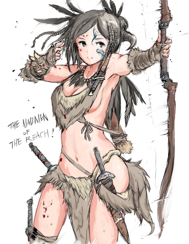 1girl bow_(weapon) breasts cleavage dagger feathers forsworn groin hakuaki hips loincloth medium_breasts navel sideboob solo the_elder_scrolls the_elder_scrolls_v:_skyrim thigh_strap thighs weapon white_background