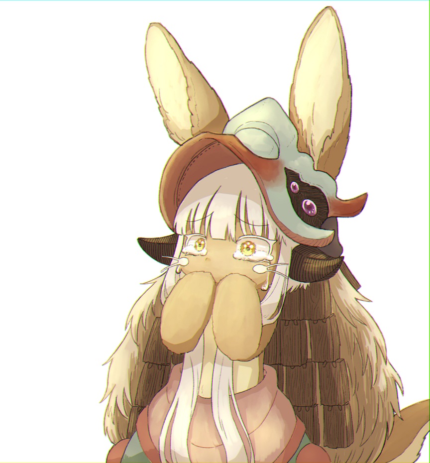 1other ambiguous_gender animal_ears covering_mouth eyebrows_visible_through_hair furry kawasemi27 long_hair looking_away made_in_abyss nanachi_(made_in_abyss) simple_background tail tearing_up upper_body white_background white_hair yellow_eyes