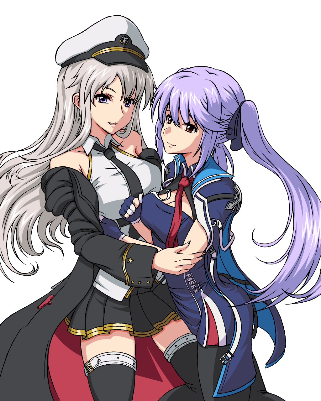 2girls :d arm_grab azur_lane bangs bare_shoulders black_belt black_coat black_jacket black_legwear black_neckwear black_skirt blue_cloak blue_dress blue_gloves braid breasts brown_eyes cleavage clenched_hand closed_mouth coat collared_shirt commentary_request couple dress enterprise_(azur_lane) essex_(azur_lane) eyebrows_visible_through_hair female fingerless_gloves gloves hair_between_eyes hair_ribbon hat highres hug jacket large_breasts lavender_hair long_hair looking_at_viewer medium_breasts military multiple_girls neck necktie nukomen off_shoulder open_clothes open_coat open_mouth pantyhose peaked_cap pleated_skirt purple_ribbon red_neckwear ribbon shiny shiny_hair shirt short_dress silver_hair simple_background skirt sleeveless sleeveless_shirt smile standing thigh-highs twintails underbust violet_eyes white_background white_hat yellow_eyes yuri