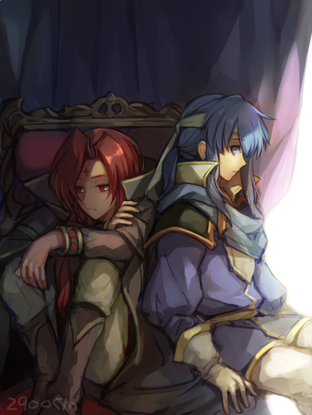 2900cm 2boys armor blue_eyes blue_hair braiding_hair cape celice_(fire_emblem) fire_emblem fire_emblem:_seisen_no_keifu gloves hairdressing headband long_hair multiple_boys nintendo pauldrons red_eyes redhead sitting yurius_(fire_emblem)