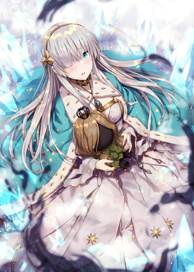 1girl anastasia_(fate/grand_order) blue_eyes cape doll dress fate/grand_order fate_(series) gabiran hairband ice jewelry long_dress pendant silver_hair