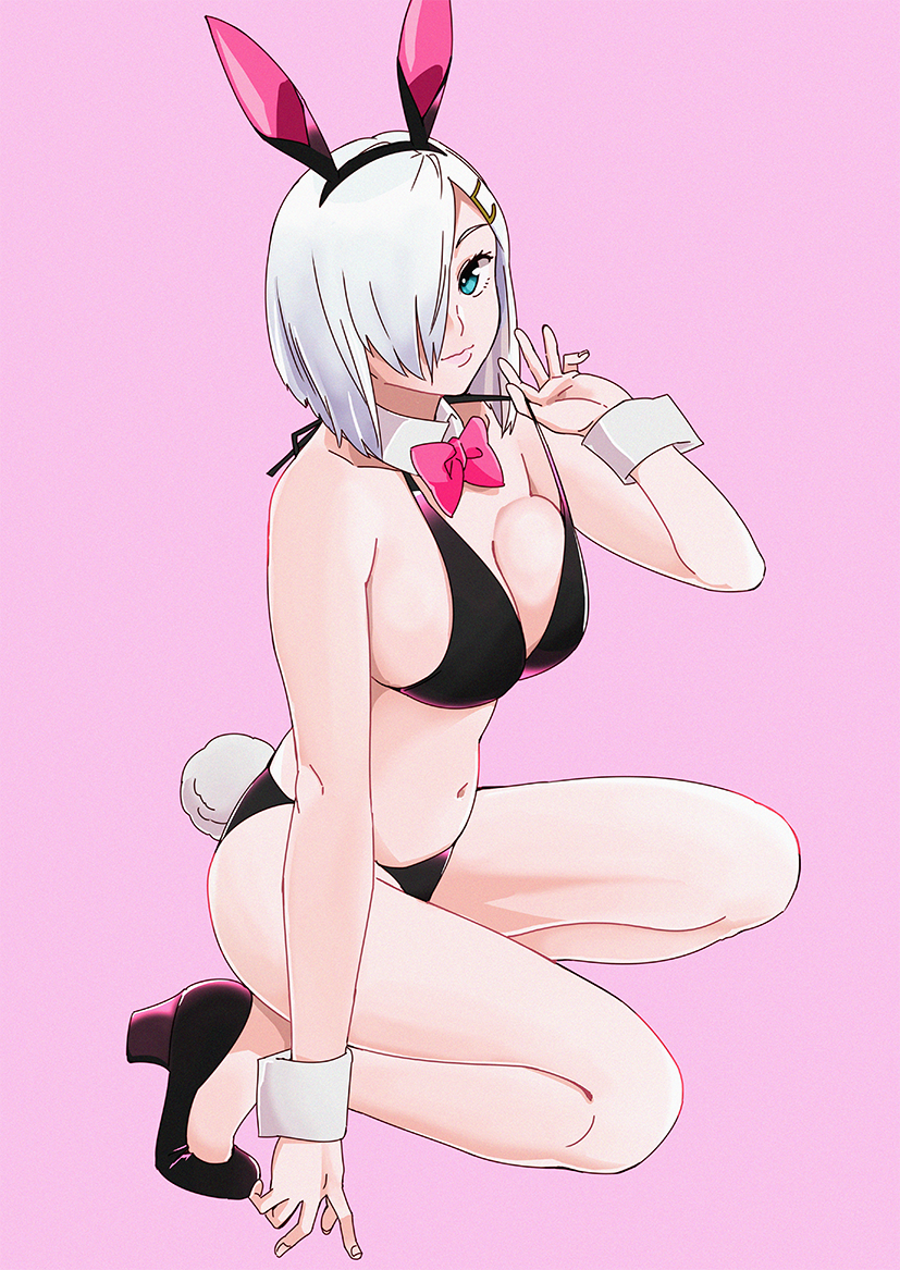 1girl bikini black_bikini black_footwear blue_eyes bow bowtie breasts bunny_girl bunny_tail cleavage detached_collar hair_ornament hair_over_one_eye hairclip hamakaze_(kantai_collection) kantai_collection large_breasts looking_at_viewer navel ojipon pink_background pink_neckwear pumps short_hair silver_hair simple_background solo squatting swimsuit tail wrist_cuffs