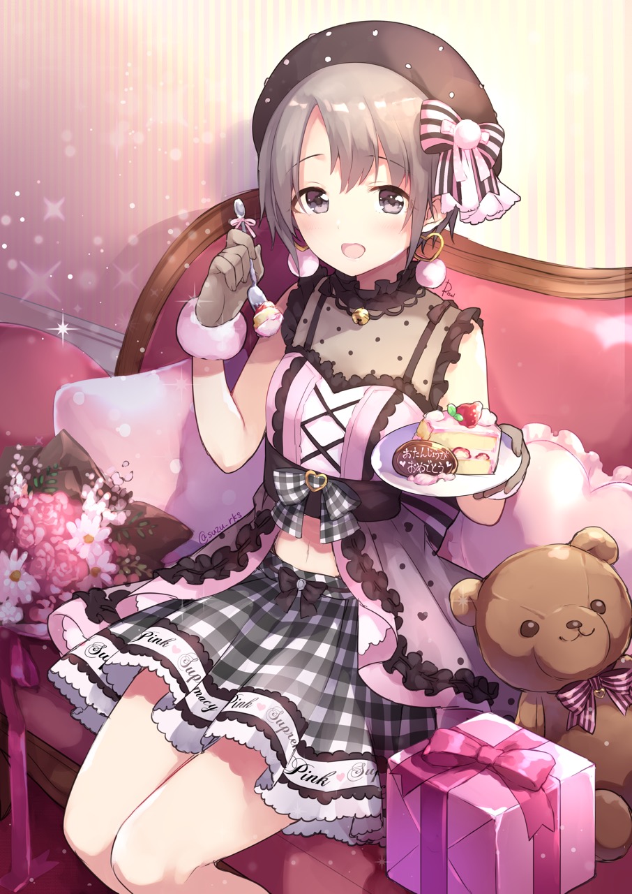 1girl bell beret blush bow box breasts brown_eyes brown_gloves brown_hair brown_hat cake couch earrings flower food fork frilled_pillow frills fur-trimmed_gloves fur_trim gift gift_box gloves grey_bow grey_skirt hair_bow hat heart heart_earrings heart_pillow highres holding holding_fork holding_plate idolmaster idolmaster_cinderella_girls jewelry jingle_bell looking_at_viewer navel on_couch open_mouth otokura_yuuki pillow pink_bow pink_flower pink_rose plaid plaid_bow plaid_skirt plate risui_(suzu_rks) rose see-through shirt sitting skirt sleeveless sleeveless_shirt slice_of_cake small_breasts solo striped striped_bow stuffed_animal stuffed_toy teddy_bear vertical_stripes white_flower