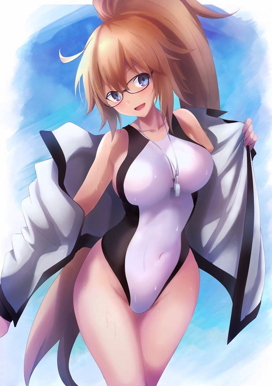 1girl blue_background competition_swimsuit covered_navel cowboy_shot fate/grand_order fate_(series) glasses highres jacket jeanne_d'arc_(fate) jeanne_d'arc_(fate)_(all) jeanne_d'arc_(swimsuit_archer) karaage_bou looking_at_viewer one-piece_swimsuit open_clothes open_jacket open_mouth ponytail smile solo swimsuit whistle whistle_around_neck white_jacket white_swimsuit