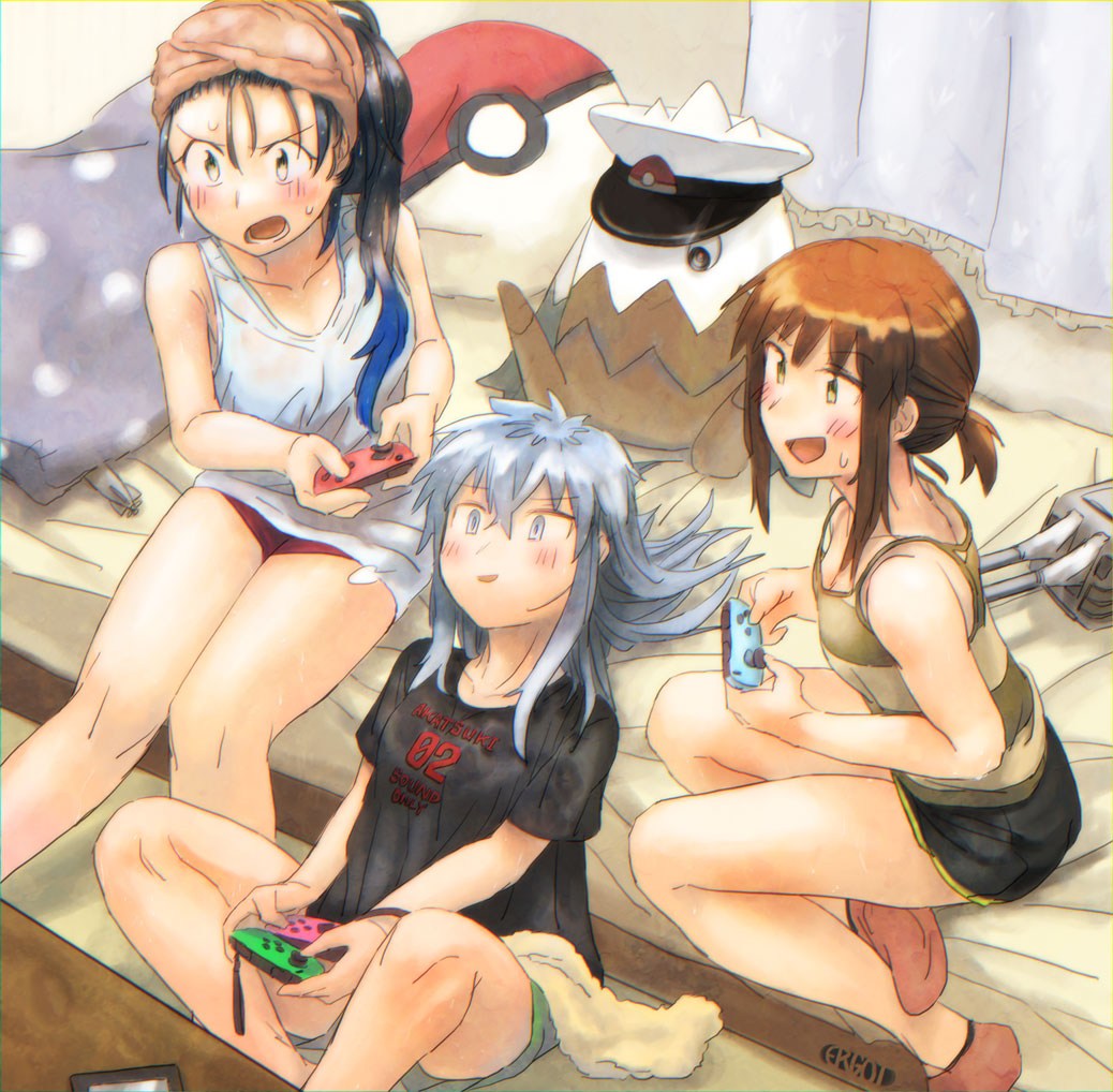3girls :d alternate_costume bangs bare_legs bare_shoulders bed bed_sheet black_hair black_shirt black_shorts blue_eyes blue_hair blush breasts brown_hair character_request cleavage clothes_writing collarbone contemporary creatures_(company) curtains ergot forehead frills fubuki_(kantai_collection) game_freak gen_4_pokemon gradient_hair green_eyes green_shorts hair_between_eyes hat hibiki_(kantai_collection) joy-con kantai_collection knees_together_feet_apart knees_up long_hair low_ponytail medium_breasts messy_hair multicolored_hair multiple_girls nintendo non-human_admiral_(kantai_collection) on_bed open_mouth parted_lips peaked_cap pillow playing_games poke_ball poke_ball_(generic) pokemon pokemon_(creature) polka_dot ponytail red_legwear red_shorts shirt short_shorts short_sleeves shorts sidelocks sitting small_breasts smile snover socks striped suzukaze_(kantai_collection) tank_top torpedo towel towel_on_head v-shaped_eyebrows white_hat yellow_eyes