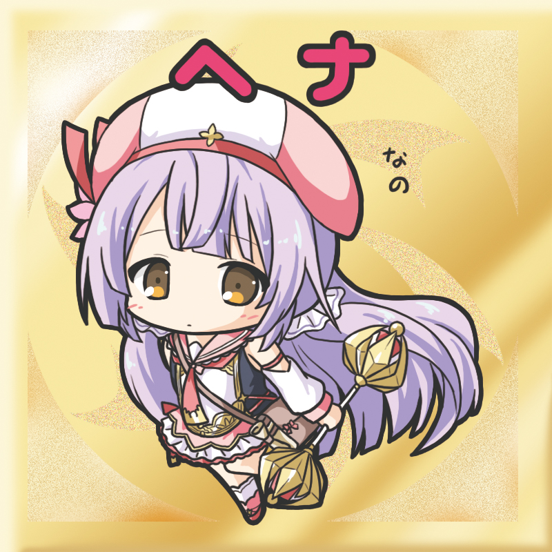 1girl bangs bikkuriman_(style) black_shirt blush brown_eyes character_name chibi closed_mouth detached_sleeves eyebrows_visible_through_hair flower_knight_girl full_body henna_(flower_knight_girl) holding long_sleeves looking_at_viewer pleated_skirt puffy_long_sleeves puffy_sleeves purple_hair red_footwear rinechun shirt shoes skirt sleeveless sleeveless_shirt socks solo white_legwear white_skirt