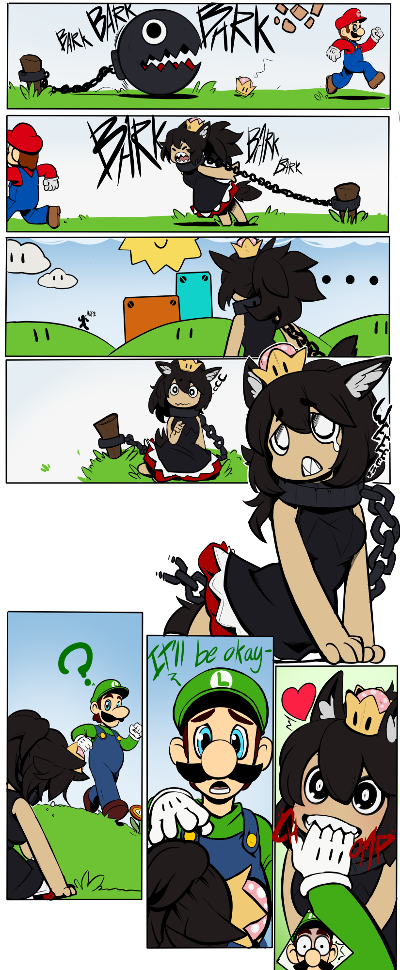 animal_ears biting black_dress black_hair chain chained chains crown dog_ears dress drow_tales genderswap happy hat highres luigi mario super_mario_bros. nintendo ponytail princess_chain_chomp sad super_crown transformation