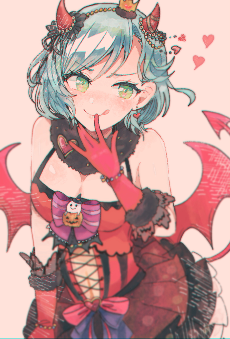 1girl :q aqua_eyes bang_dream! blurry bow bowtie breasts cross-laced_clothes crown demon_horns demon_tail demon_wings dress earrings fur_collar ghost gloves green_eyes hairband heart heart-shaped_pupils heart_earrings hikawa_hina horns itomugi-kun jack-o'-lantern jewelry medium_breasts mini_crown pink_bow purple_neckwear red_dress red_gloves short_hair solo striped_neckwear symbol-shaped_pupils tail tongue tongue_out v-shaped_eyebrows wings