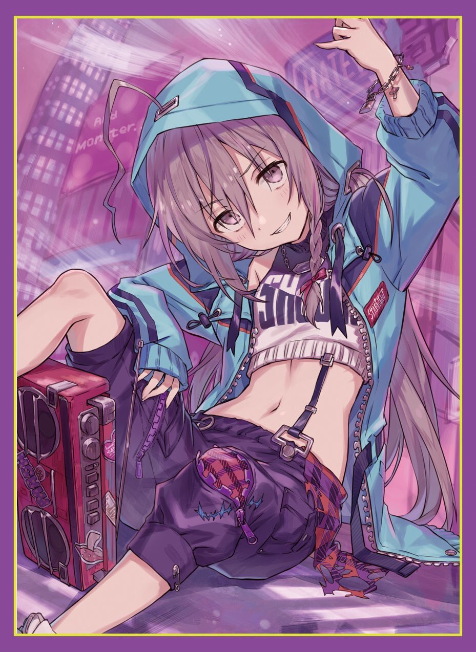 1girl ahoge blush boombox border bracelet braid building commentary_request crop_top eyebrows_visible_through_hair feet_out_of_frame grey_eyes grey_hair grin hair_ribbon highres hood hooded_jacket hoshi_shouko idolmaster idolmaster_cinderella_girls jacket jewelry long_hair looking_at_viewer navel necklace open_clothes open_jacket paperclip purple_border ribbon shorts side_braid sign single_braid sitting skyscraper smile solo stereo sticker suspenders tamaext teeth unzipped zipper
