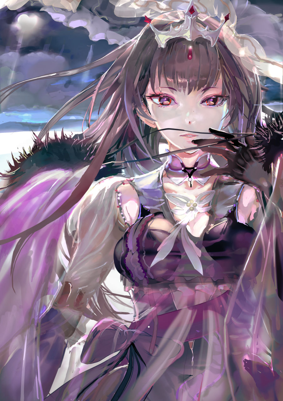 119 1girl bangs breasts cleavage clouds cloudy_sky dress eyebrows_visible_through_hair fate/grand_order fate_(series) fur_trim gloves hair_between_eyes highres long_hair looking_at_viewer medium_breasts moon parted_lips purple_dress purple_hair red_eyes scathach_(fate)_(all) scathach_skadi_(fate/grand_order) see-through sky smile solo tiara