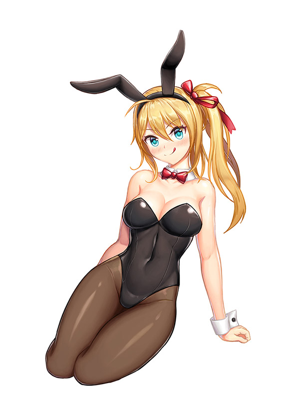 1girl 4coke animal_ears black_leotard blonde_hair blue_eyes bow bowtie breasts brown_legwear bunny_girl bunny_tail bunnysuit cleavage detached_collar full_body girls_frontline hair_ribbon kalina_(girls_frontline) leotard long_hair medium_breasts pantyhose rabbit_ears red_neckwear red_ribbon ribbon side_ponytail simple_background sitting solo strapless strapless_leotard tail tongue tongue_out white_background wrist_cuffs yokozuwari