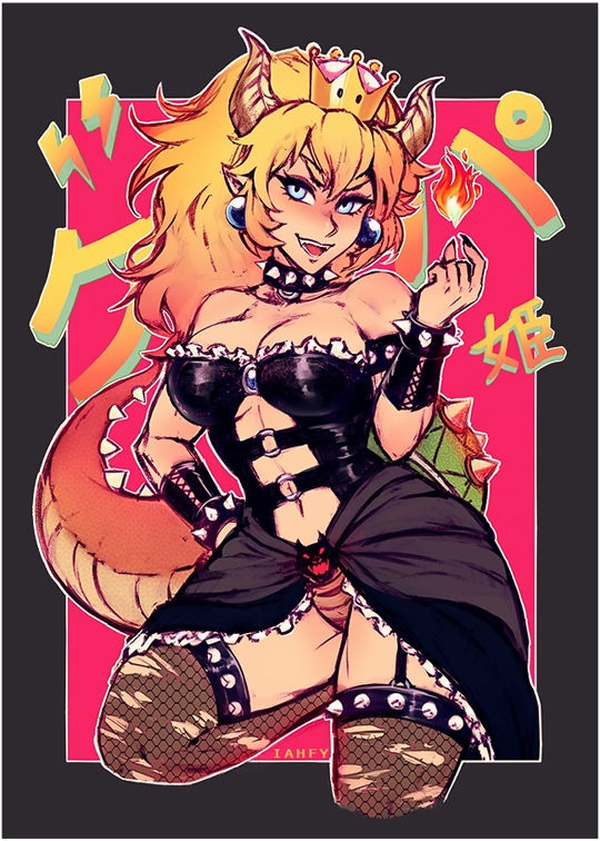 armlet artist_name black_collar black_dress black_leotard black_nails blonde_hair blue_eyes borrowed_design bowsette bracelet breasts cleavage collar crown dress earrings fingernails fire fishnets flame horns iahfy jewelry large_breasts leg_up leotard long_hair super_mario_bros. nail_polish new_super_mario_bros._u_deluxe nintendo open_mouth pointy_ears ponytail red_background sharp_fingernails sharp_teeth smile spiked_armlet spiked_bracelet spiked_collar spiked_shell spiked_tail spikes strapless super_crown tail teeth transformation turtle_shell