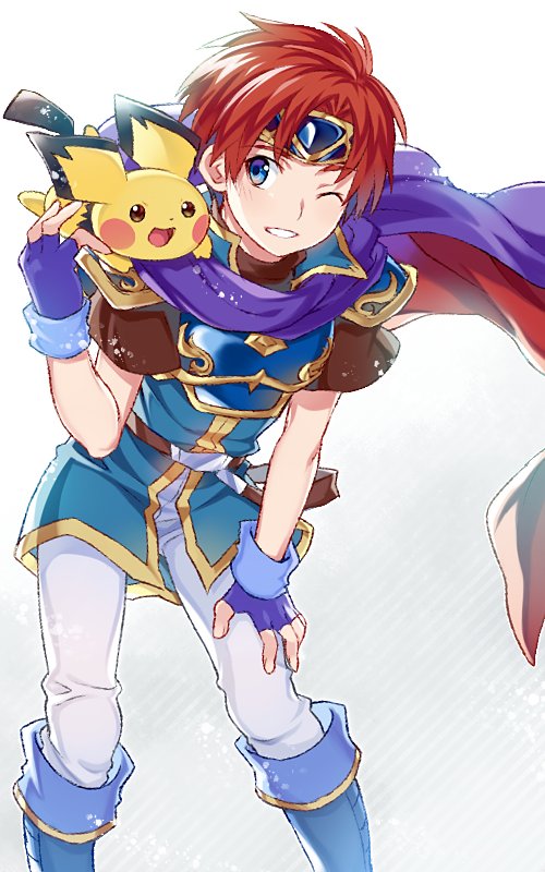 1boy armor blue_eyes cape creatures_(company) fire-emblem_heroes fire_emblem fire_emblem:_fuuin_no_tsurugi game_freak gen_2_pokemon gloves grin looking_at_viewer nintendo one_eye_closed pauldrons pichu pokemon pokemon_gold_and_silver redhead roy_(fire_emblem) simple_background smile solo super_smash_bros. super_smash_bros_melee super_smash_bros_ultimate white_background yuki_(yuki2061)