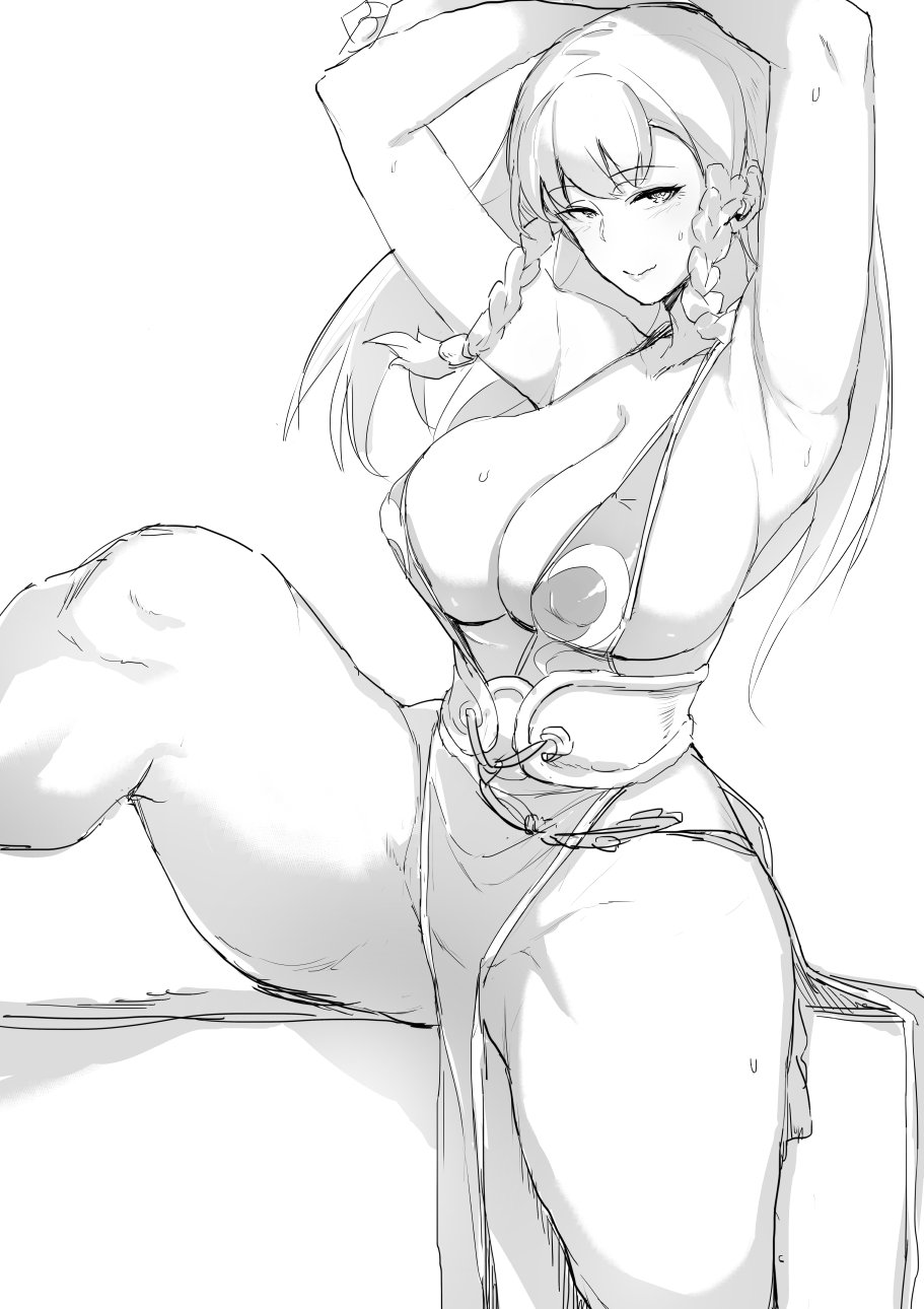 1girl armpits bangs braid breasts capcom chun-li cleavage commentary_request eyebrows_visible_through_hair greyscale highres large_breasts leg_up long_hair messatsu_tan monochrome pelvic_curtain revealing_clothes sash sitting street_fighter sweatdrop thick_thighs thighs twin_braids