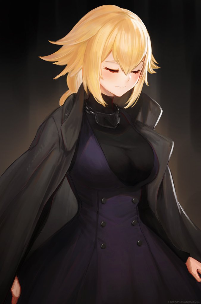 1girl 2018 artist_request black_background blonde_hair blush braid breasts buttons chains closed_eyes closed_mouth commentary_request dress fate/grand_order fate_(series) jacket jacket_on_shoulders jeanne_d'arc_(fate) jeanne_d'arc_(fate)_(all) large_breasts long_hair simple_background single_braid solo