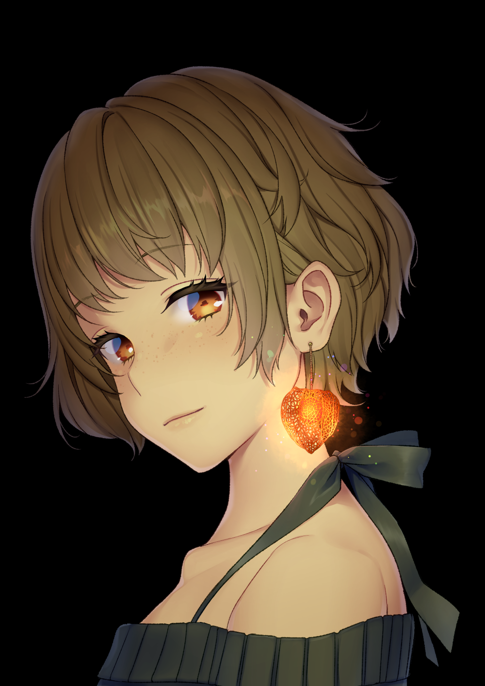 1girl bad_id bad_pixiv_id bangs bare_shoulders black_background brown_eyes brown_hair closed_mouth collarbone daidai_jamu earrings eyebrows_visible_through_hair freckles green_sweater heart heart_earrings highres jewelry light_smile looking_at_viewer looking_to_the_side off-shoulder_sweater original short_hair simple_background solo sweater upper_body