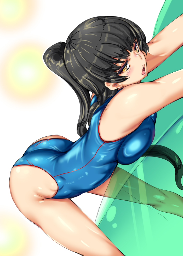 1girl ass bare_shoulders black_hair blue_swimsuit blush breasts brown_eyes competition_swimsuit large_breasts long_hair looking_at_viewer one-piece_swimsuit original ponytail shiny shiny_hair shiny_skin solo swimsuit usyuuri