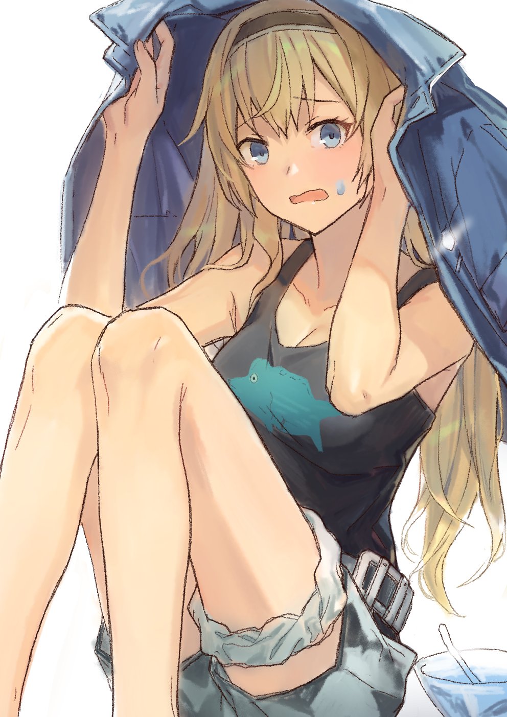 belt blonde_hair blue_eyes blue_shirt breast_pocket breasts buttons cleavage collared_shirt fish gambier_bay_(kantai_collection) glass hair_between_eyes hairband highres kantai_collection large_breasts multicolored multicolored_clothes piza_rokumai pocket shirt shorts spoon twintails white_background