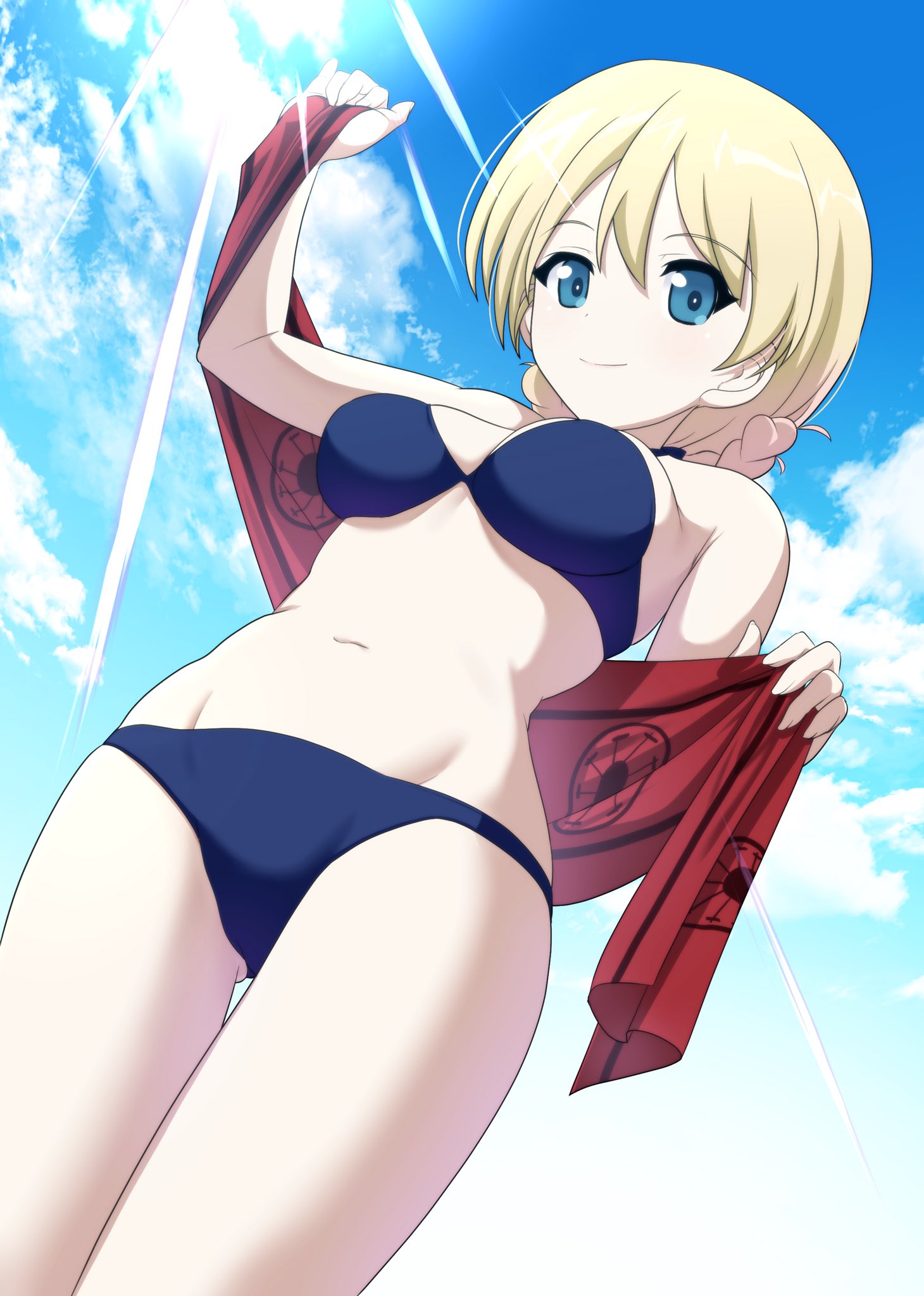 1girl bangs bikini blonde_hair blue_eyes blue_sky breasts closed_mouth commentary_request darjeeling day dutch_angle excel_(shena) eyebrows_visible_through_hair girls_und_panzer gluteal_fold highres holding holding_towel light_rays looking_at_viewer medium_breasts navel navy_blue_bikini outdoors red_towel short_hair sky smile solo standing swimsuit thigh_gap thighs tied_hair towel