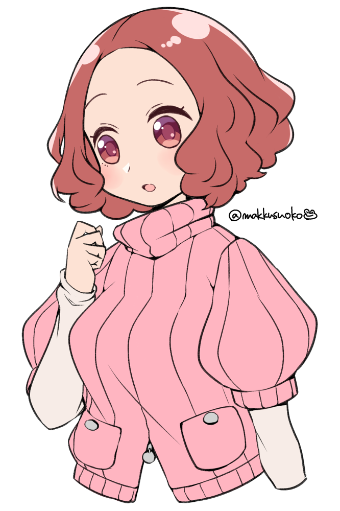 1girl blush brown_eyes brown_hair commentary_request do_m_kaeru okumura_haru open_mouth persona persona_5 pink_sweater ribbed_sweater short_hair solo sweater twitter_username upper_body