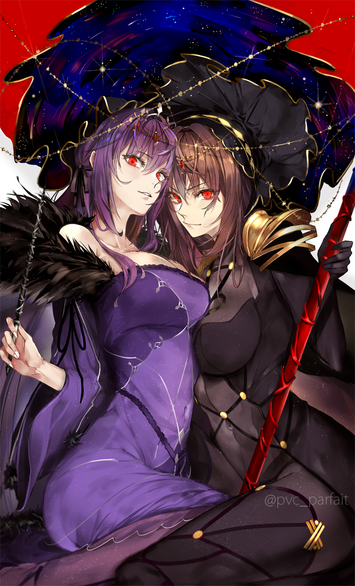 2girls artist_name bangs bare_shoulders black_bodysuit black_ribbon bodysuit breast_press breasts brown_hair closed_mouth commentary covered_navel dress eyebrows_visible_through_hair fate/grand_order fate_(series) fur_trim gae_bolg gem hair_between_eyes hair_ribbon holding holding_spear holding_wand holding_weapon large_breasts long_hair looking_at_viewer multiple_girls parted_lips pauldrons polearm purple_dress purple_hair pvc_parfait red_eyes ribbon scathach_(fate)_(all) scathach_(fate/grand_order) scathach_skadi_(fate/grand_order) sitting spear veil wand weapon wide_sleeves