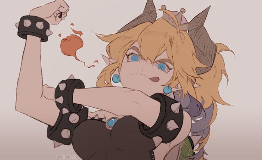 1girl armlet beige_background black_collar black_dress blonde_hair blue_eyes borrowed_design bowsette bracelet breasts breathing_fire closed_mouth crown dress earrings fire horns jewelry kawacy super_mario_bros. new_super_mario_bros._u_deluxe nintendo pointy_ears smile solo spiked_armlet spiked_bracelet spiked_shell spikes strapless strapless_dress super_crown tongue tongue_out turtle_shell upper_body we_can_do_it!