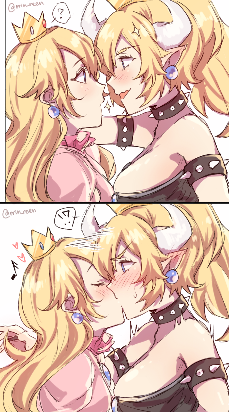 1girl 2koma armlet bare_shoulders black_collar black_dress black_nails blonde_hair blue_eyes blush borrowed_design bowsette breasts cleavage closed_eyes collar comic commentary_request crown dress earrings fingernails from_side genderswap highres horns jewelry kiss large_breasts looking_at_another super_mario_bros. nail_polish new_super_mario_bros._u_deluxe nintendo open_mouth pink_dress pointy_ears princess_peach sharp_fingernails sharp_teeth spiked_armlet spiked_collar spikes strapless strapless_dress super_crown super_mario_bros. sweatdrop teeth transformation yukari_(bryleluansing) yuri