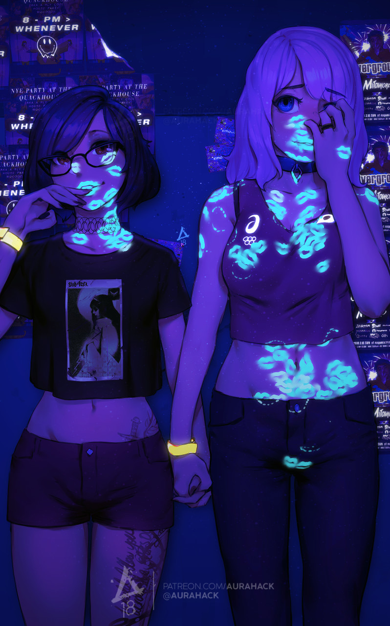 2girls blue_eyes choker commentary covering_face crop_top english_commentary erica_june_lahaie fingers_to_mouth glasses hand_holding highres jewelry leg_tattoo lips lipstick_mark midriff multiple_girls nail_polish navel nightclub original pants patreon_username pink_hair poster_(object) purple_hair red_eyes ring shirt short_hair shorts t-shirt tattoo wristband yuri