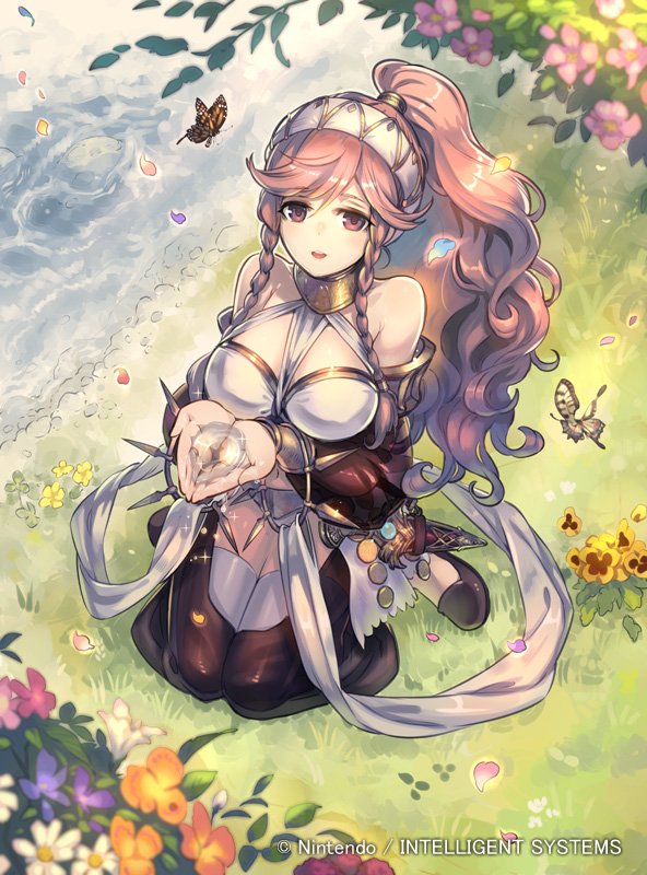 1girl bare_shoulders braid breasts bug butterfly company_name copyright_name fire_emblem fire_emblem:_kakusei fire_emblem_cipher grass hairband insect kishida_kotetsu large_breasts long_hair looking_at_viewer nintendo official_art olivia_(fire_emblem) outdoors parted_lips petals pink_eyes pink_hair ponytail sitting smile solo twin_braids water